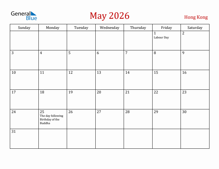Hong Kong May 2026 Calendar - Sunday Start