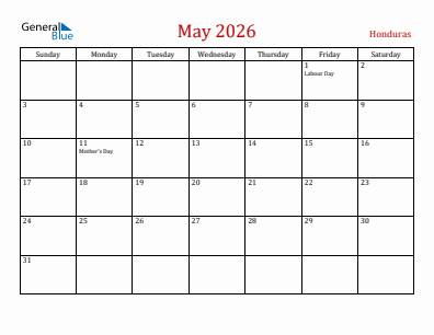 Current month calendar with Honduras holidays for May 2026