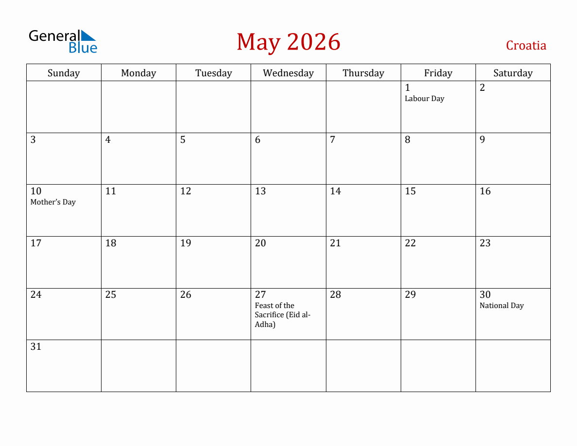 May 2026 Croatia Monthly Calendar With Holidays