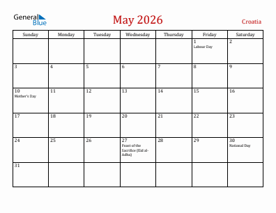 Current month calendar with Croatia holidays for May 2026