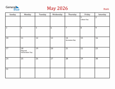 Current month calendar with Haiti holidays for May 2026