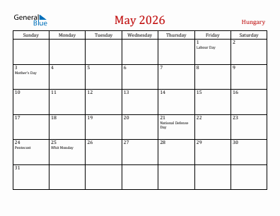 Current month calendar with Hungary holidays for May 2026