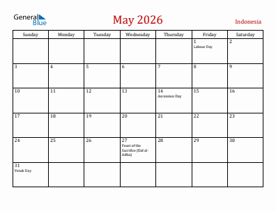 Current month calendar with Indonesia holidays for May 2026