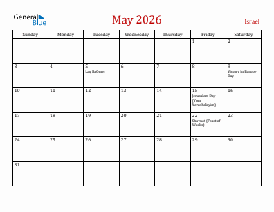 Current month calendar with Israel holidays for May 2026