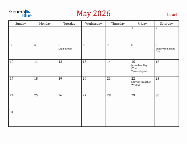 Israel May 2026 Calendar - Sunday Start