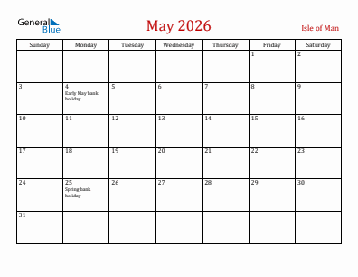 Current month calendar with Isle of Man holidays for May 2026