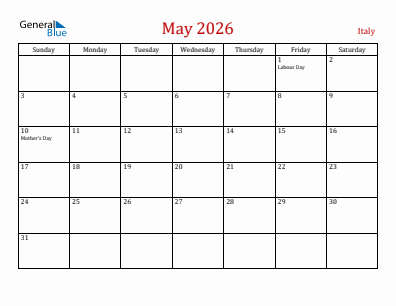 Current month calendar with Italy holidays for May 2026