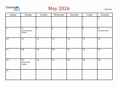 Current month calendar with Jersey holidays for May 2026