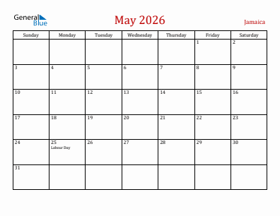 Current month calendar with Jamaica holidays for May 2026