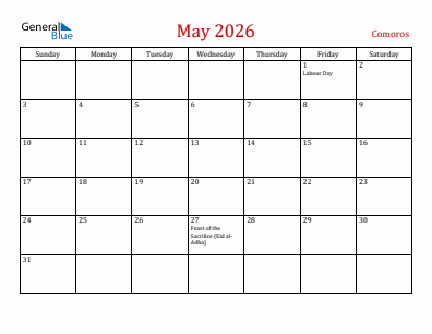 Current month calendar with Comoros holidays for May 2026
