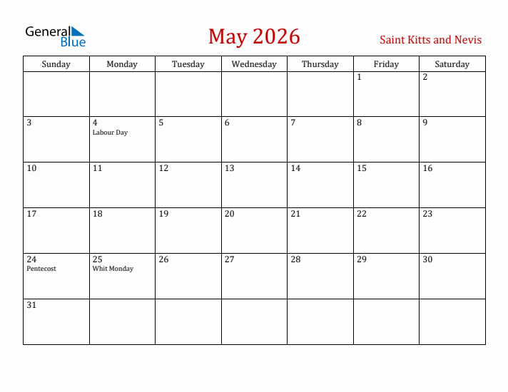 Saint Kitts and Nevis May 2026 Calendar - Sunday Start