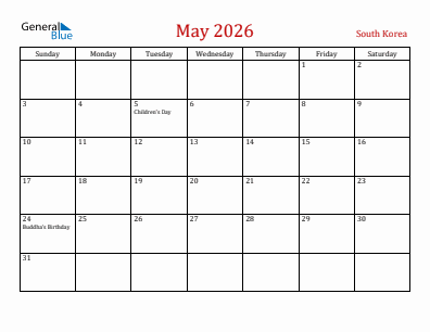 Current month calendar with South Korea holidays for May 2026