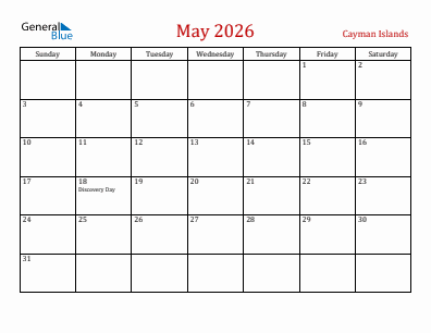 Current month calendar with Cayman Islands holidays for May 2026
