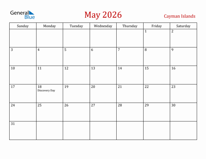 Cayman Islands May 2026 Calendar - Sunday Start