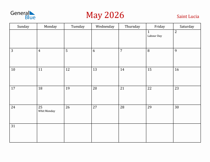 Saint Lucia May 2026 Calendar - Sunday Start