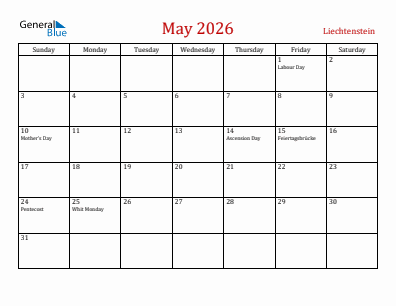 Current month calendar with Liechtenstein holidays for May 2026