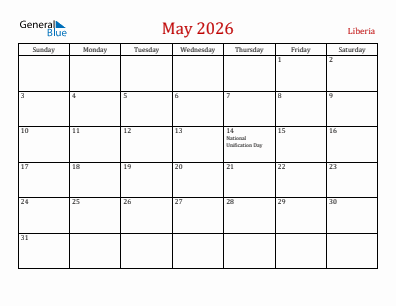 Current month calendar with Liberia holidays for May 2026