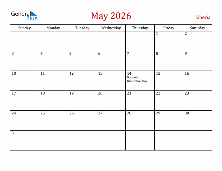 Liberia May 2026 Calendar - Sunday Start