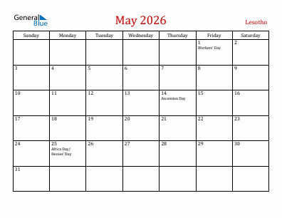 Current month calendar with Lesotho holidays for May 2026