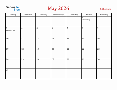 Current month calendar with Lithuania holidays for May 2026