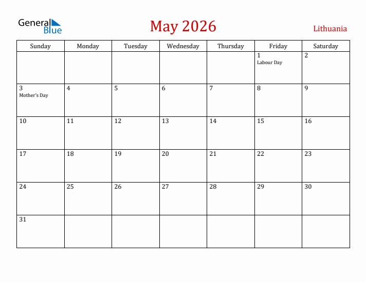 Lithuania May 2026 Calendar - Sunday Start