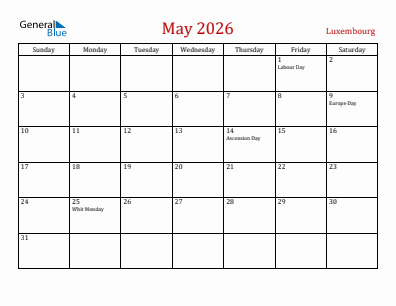 Current month calendar with Luxembourg holidays for May 2026