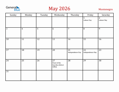 Current month calendar with Montenegro holidays for May 2026