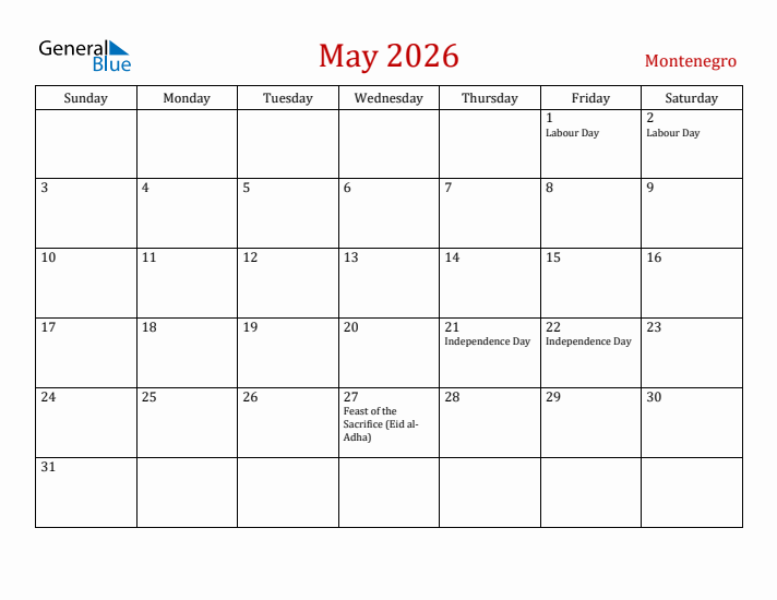 Montenegro May 2026 Calendar - Sunday Start
