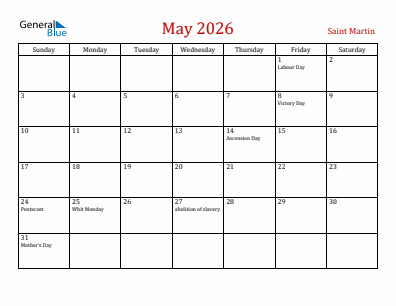 Current month calendar with Saint Martin holidays for May 2026