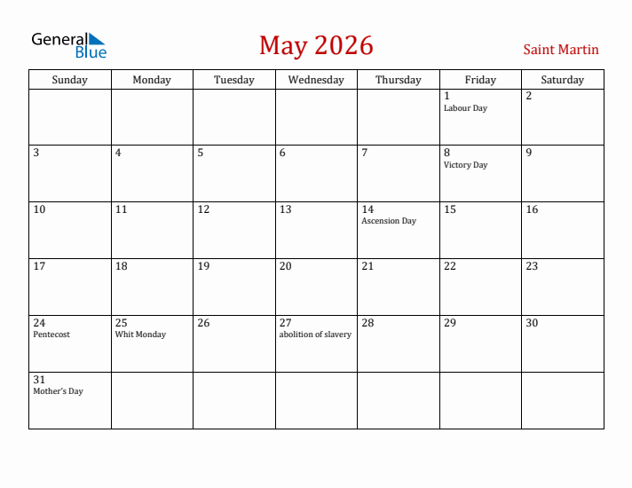 Saint Martin May 2026 Calendar - Sunday Start