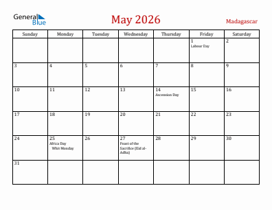 Current month calendar with Madagascar holidays for May 2026