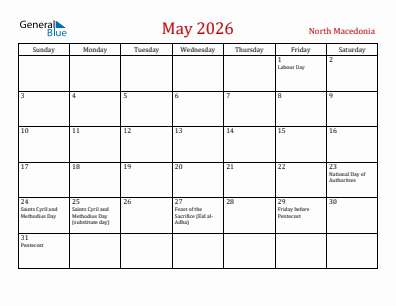 Current month calendar with North Macedonia holidays for May 2026