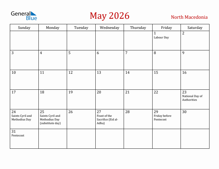 North Macedonia May 2026 Calendar - Sunday Start