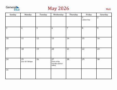 Current month calendar with Mali holidays for May 2026