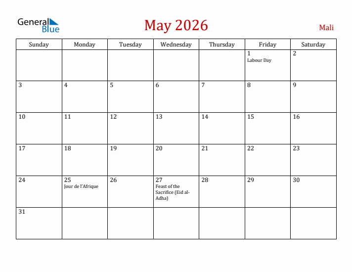 Mali May 2026 Calendar - Sunday Start