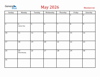 Current month calendar with Montserrat holidays for May 2026