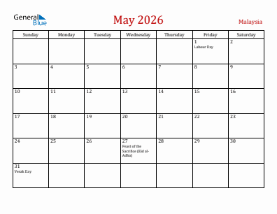 Current month calendar with Malaysia holidays for May 2026