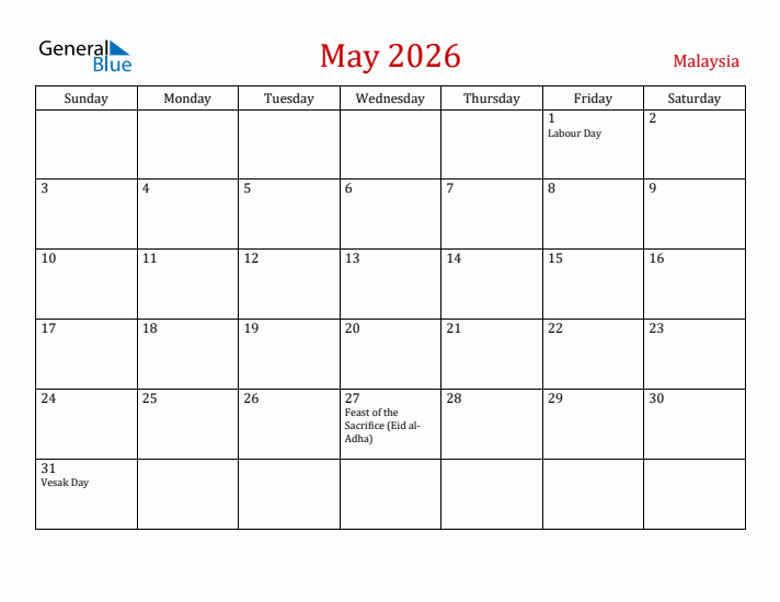 Malaysia May 2026 Calendar - Sunday Start