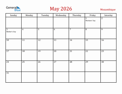 Current month calendar with Mozambique holidays for May 2026