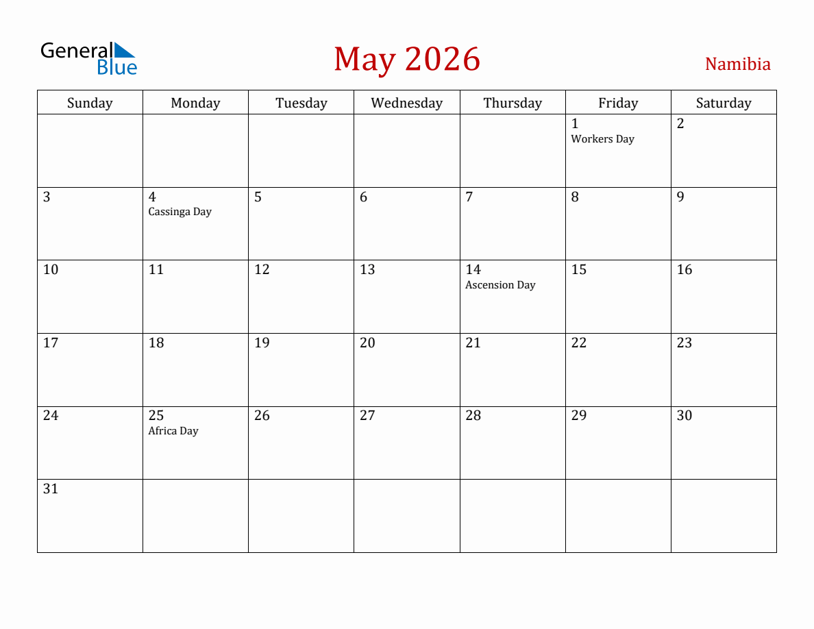 May 2026 Namibia Monthly Calendar With Holidays