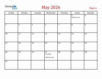 Current month calendar with Nigeria holidays for May 2026