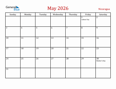Current month calendar with Nicaragua holidays for May 2026