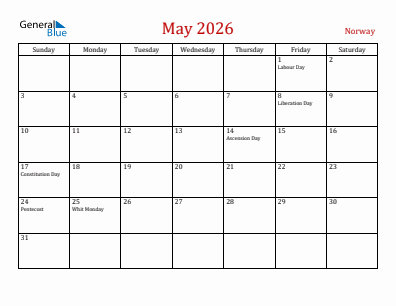 Current month calendar with Norway holidays for May 2026