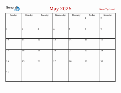 Current month calendar with New Zealand holidays for May 2026