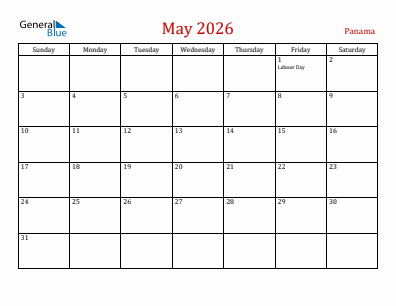 Current month calendar with Panama holidays for May 2026