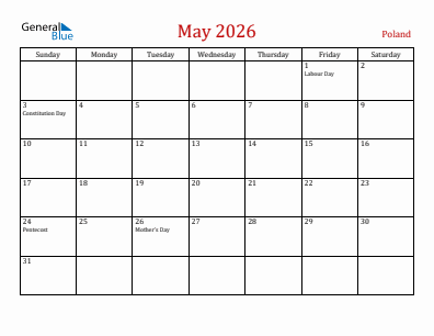 Current month calendar with Poland holidays for May 2026
