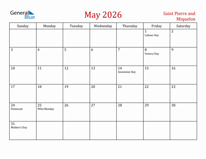 Saint Pierre and Miquelon May 2026 Calendar - Sunday Start