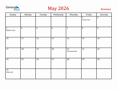 Current month calendar with Romania holidays for May 2026