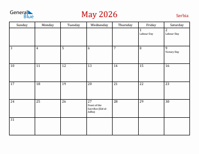 Current month calendar with Serbia holidays for May 2026
