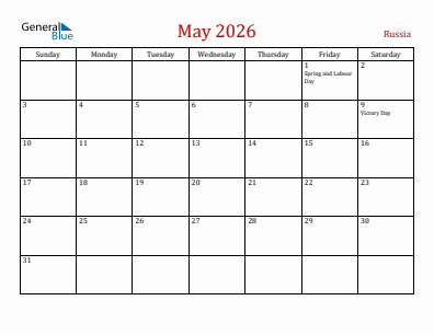 Current month calendar with Russia holidays for May 2026